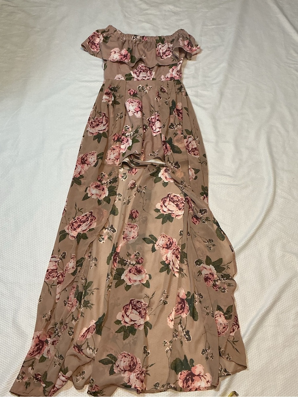 Off-Shoulder Floral Maxi Dress in Taupe with Pink Roses